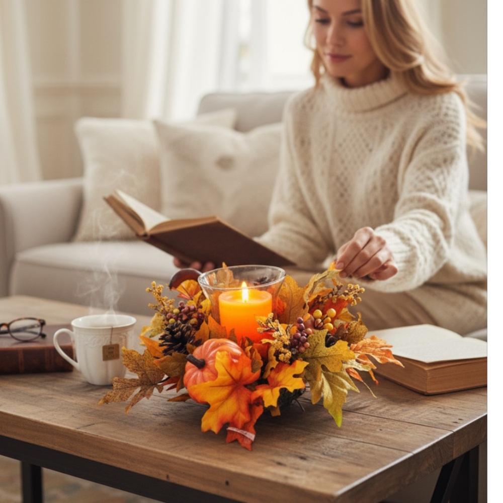 Autumn Harvest Candle Holder with Orange Accents